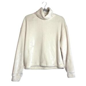 Sanctuary Boxy Cropped Fleece Funnel Neck Sweatshirt Size L Cream Athleisure